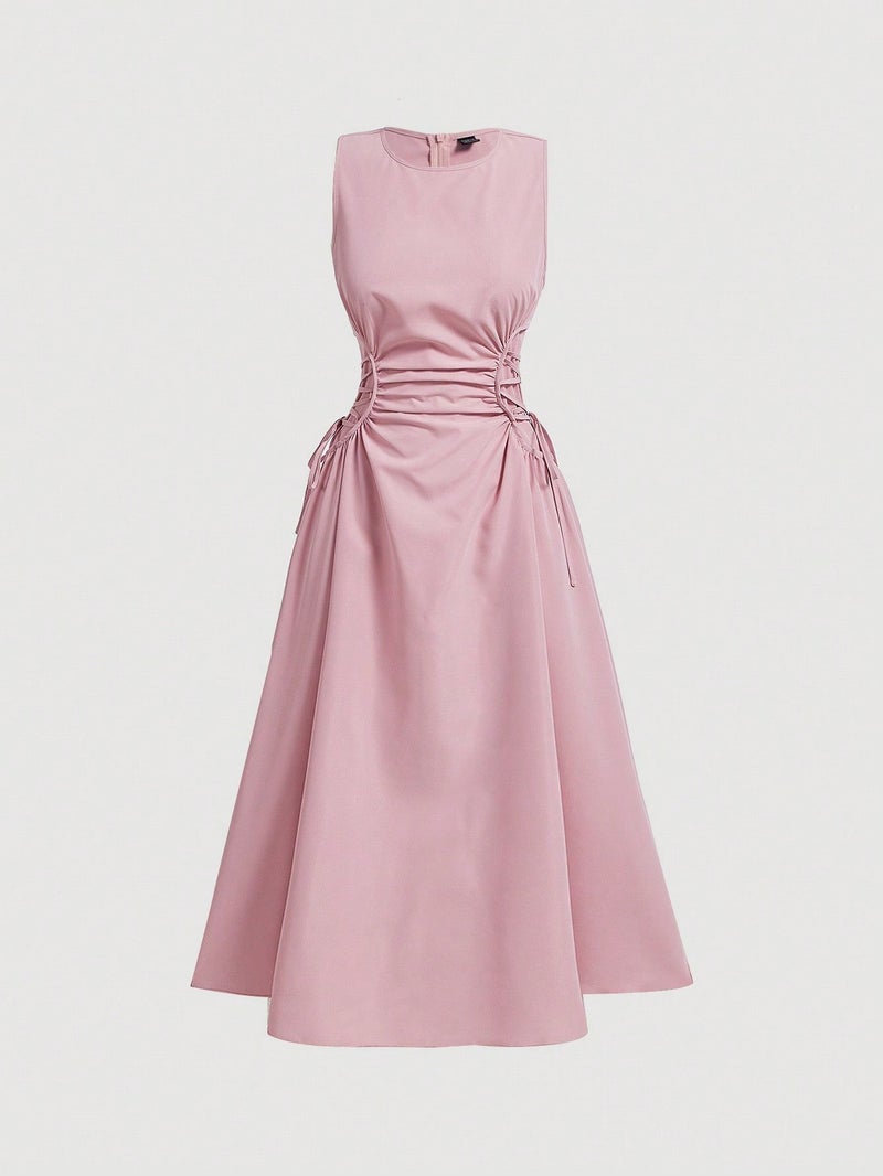 OUTZIDR Pink Elasticated Cinched Waist Dress - Image 3